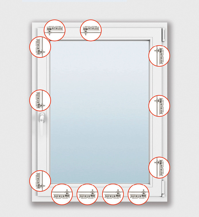 Mehrere zusätzliche ­Verriegelungspunkte sorgen bei zertifizierten Nachrüstbeschlägen für die entscheidende ­Sicherheitsverbesserung. Der Einbau erfolgt ­verdeckt im Fenster.