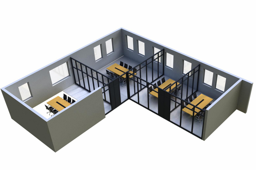 Drei Glas-Faltwände des Systems Ecoline Flexa trennen die Büros voneinander. Die Abgrenzung zum offenen Empfangsbereich erfolgt über das Horizontal-Schiebewandsystem SL 60-HSW Flexa.