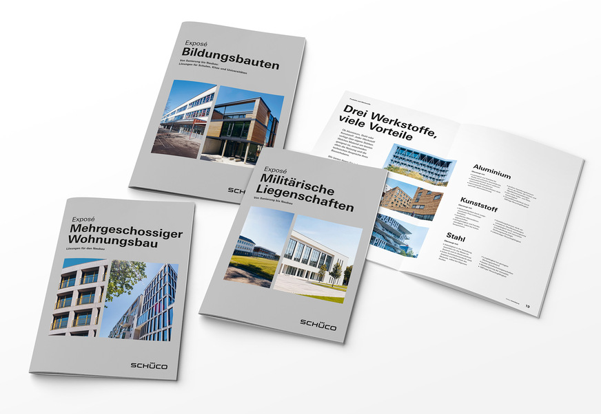 Exposés zu Bildungsbauten, mehrgeschossigem Wohnbau und militärischen Liegenschaften bündeln gebäudetypische Anforderungen und zeigen, wie Schüco Lösungen wirtschaftlichen und planungssicheren Mehrwert über den gesamten Lebenszyklus schaffen.