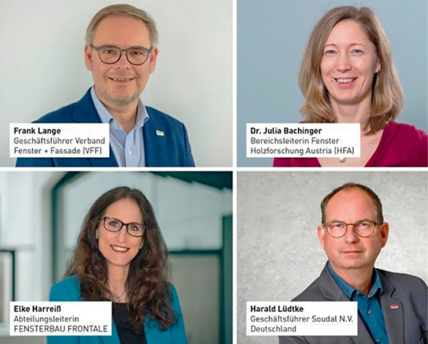 Zum Eröffnungsevent am Dienstag, 24. März, um 11 Uhr auf dem ­Soudal-Stand mit dabei: Frank Lange (GF des VFF), Dr. Julia Bachinger (Holz­forschung Austria), Elke Harreiß (Fensterbau Frontale).