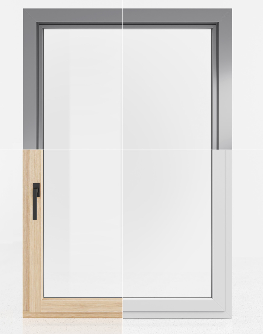 Außen ident, innen gleiches Design: Holz/Alu-Fenster Amber (links) & Kunststoff/Alu-Fenster Zirkon (rechts) als harmonische und preisoptimierte Kombination.