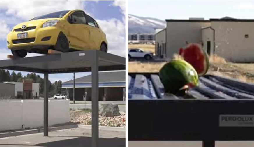 Ein PKW auf der Lamellendachfläche? Der leichte PKW steht auf Holzbalken auf dem Rahmen, nicht auf den Lamellen. Und welche Aussagekraft hat ein Test mit einer 5 kg Melone? Gar keine, denn dieser Test ist nur effektheischend und realitätsfremd.