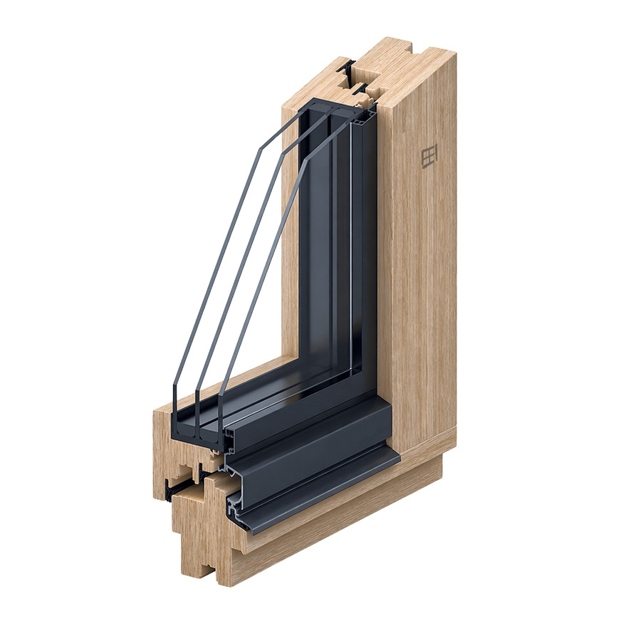Filigrane Profilansichten, zusätzlicher Wetterschutz und hohe Energieeffizienz: Das Hybrid-Holzfenster „HF 68 HY Shape“ ermöglicht Dreifachverglasungen bis 48 mm bei schlanker Bautiefe – „HF 82 HY Shape“ und „HF 90 HY Shape“ sogar bis 60 mm – und setzt mit seinem umlaufenden Schattenrand architektonische Akzente.