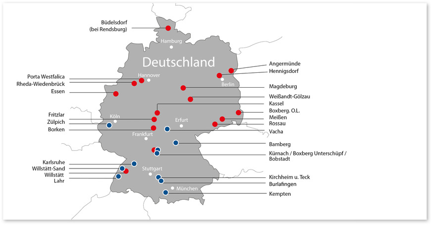 49 Hilzinger-Standorte gibt es insgesamt, davon ­befinde﻿n sich 29 in Deutschland.&nbsp;Rot: ­Produktion und Vertrieb, Blau: reine Vertriebsstandorte.