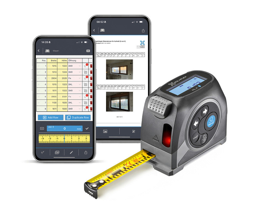Der RLX vereint Rollmeter und Laser-Entfernungsmesser. Messwerte werden digital übertragen, was ein fehlerfreies Aufmaß erlaubt.