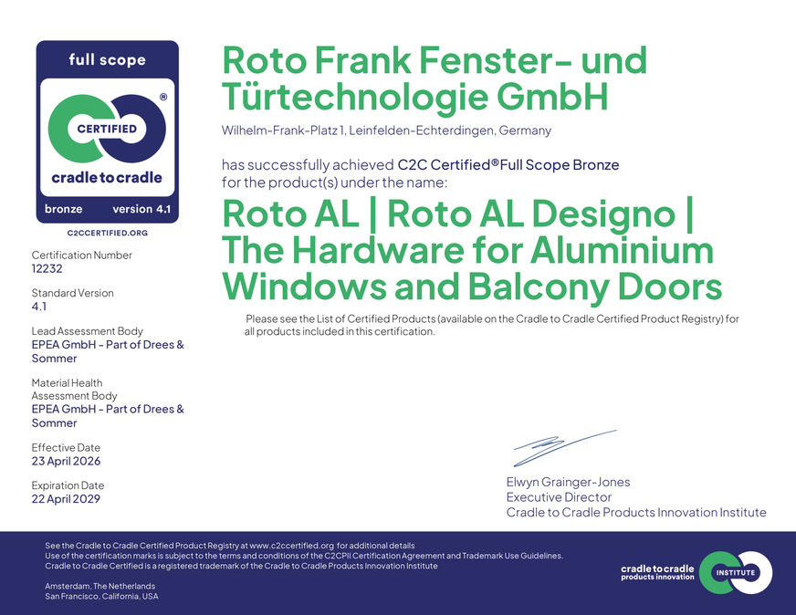 „Roto AL“ und „Roto AL Designo“ für Drehkippfenster aus Aluminium sind jetzt C2C Certified® Full Scope auf Bronze-Level gemäß Version 4.1.