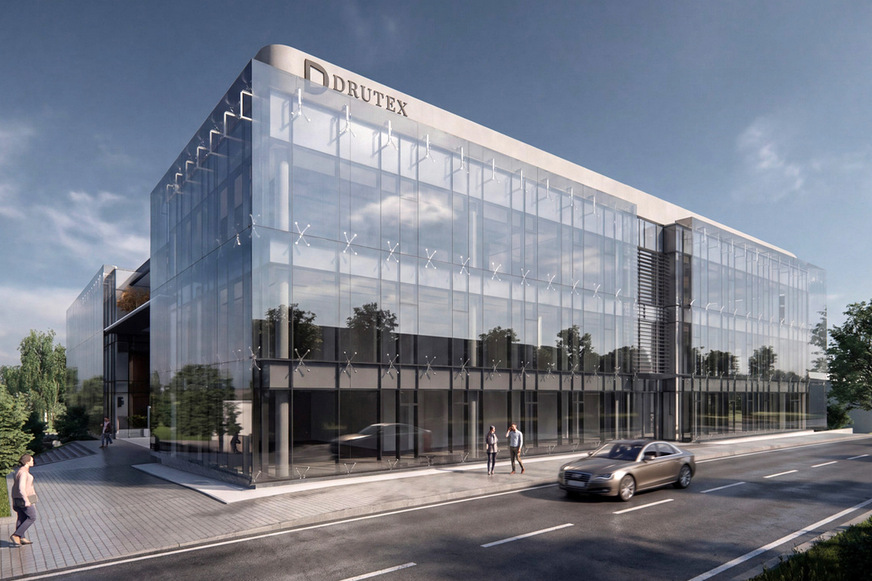 So soll sich das bestehende Drutex-Bürogebäude am polnischen Hauptsitz nach der umfassenden Sanierung und Modernisierung präsentieren – nahtlos integriert in den Neubau aus dem vergangenen Jahr.