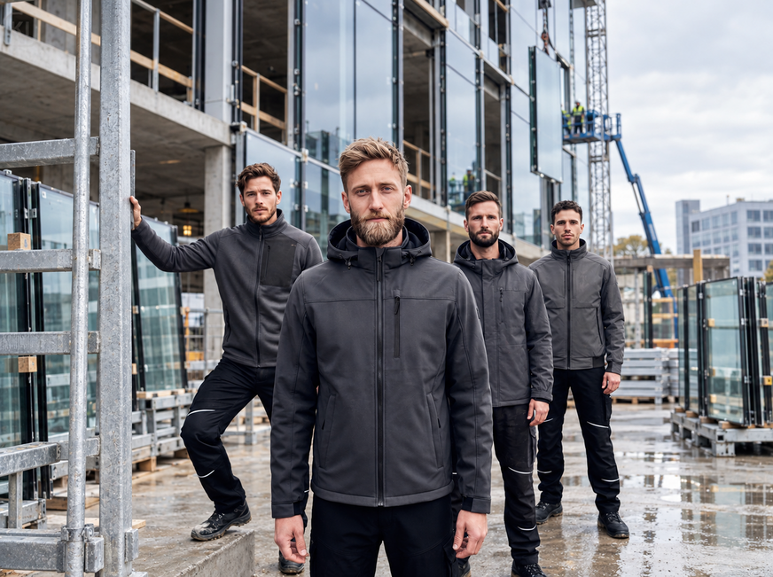 Neue Kübler Wetterjacken auf einen Blick:v. l. n. r. Midlayer, Softshell, Wetterjacke, Performance Jacke.