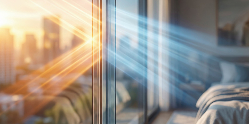Sonnenschutz am Fenster reduziert den solaren Wärmeeintrag und schafft angenehme Raumtemperaturen.