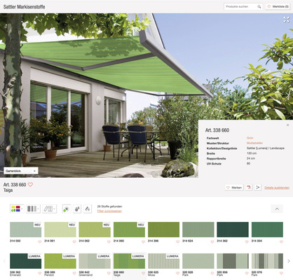 Mit einem Klick kann die Farbe des Markisentuchs in der gewählten Kollektion geändert und bei Bedarf als PDF gespeichert und/oder ausgedruckt werden.