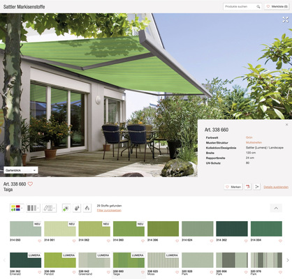 Mit einem Klick kann die Farbe des Markisentuchs in der gewählten Kollektion geändert und bei Bedarf als PDF gespeichert und/oder ausgedruckt werden. - © Foto: Sattler

