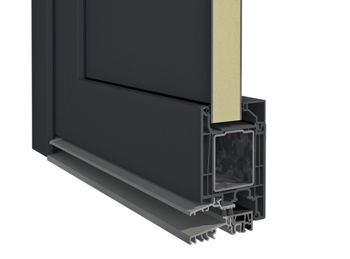 Elegant Infinity 76 X ohne Thermofibra: Ein Aussteifungsstahl mit 2 mm Wandstärke in Rahmen und Flügel und metallverstärkte Profilecken sorgen für beste Stabilität und Verwindungssteifigkeit.