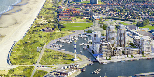 Dem neuen Quartier ist der blau-weiße Leuchtturm „Lange Nelle“ vorgelagert - © Foto: Versluys Groep / One Baelskaai, Oosteroever Ostend
