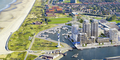 Dem neuen Quartier ist der blau-weiße Leuchtturm „Lange Nelle“ vorgelagert