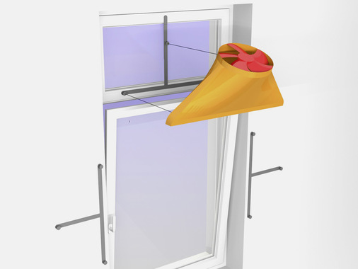 Der WindowBooster wird in eine fest montierte 3-Punkt Halterung eingehängt, die am Rahmen des Oberlichts oder beiderseits des Fensters verwendet werden kann. - © Foto: Ingenieurbüro für Bauklimatik
