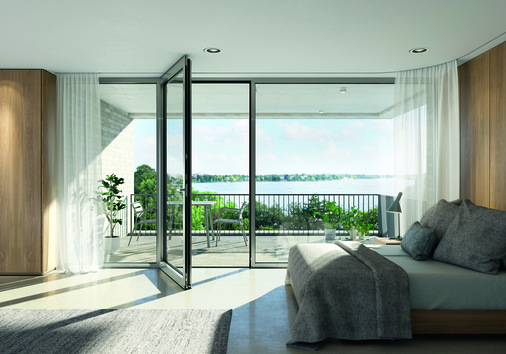 Das Fenstertürsystem Schüco AWS 75.SI+ ermöglicht dank seiner Nullschwelle einen stolperfreien Übergang.