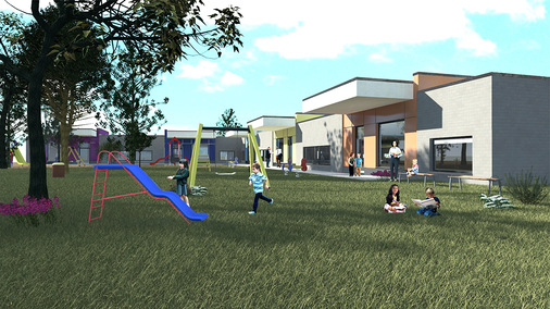 Die Kindertagesstätte in Mönchengladbach wird nach Fertigstellung mit 57 KÖMMERLING ReFrame Elementen in den Farben außen Schiefer-grau und innen Weiß ausgestattet sein.