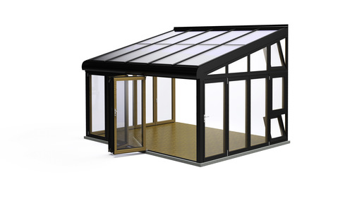 Holz / Aluminium Wintergarten SDL Avantgarde mit Glas-Faltwand Combiline, sowie Fenstersystem Combiline mit Dreh-Kippelementen und Modellscheiben. - © Solarlux
