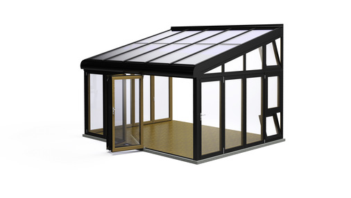Holz / Aluminium Wintergarten SDL Avantgarde mit Glas-Faltwand Combiline, sowie Fenstersystem Combiline mit Dreh-Kippelementen und Modellscheiben.