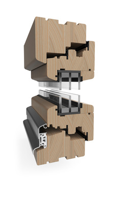 Wärmegedämmtes Holz-Fenstersystem Woodline mit 91 mm Bautiefe. Die Ansichtsbreite beträgt umlaufend 72 mm beim Festfenster, bzw. 100 mm beim Element mit Flügel.