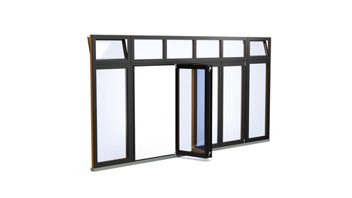 Vierflügelige Glas-Faltwand mit vier Oberlichtern, sowie rechts und links einem Dreh-Kippfenster mit Oberlicht.