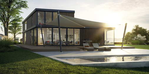 Schwebende Sonnenschutzlösungen bietet das Sonnensegel-Programm Sonea von Warema