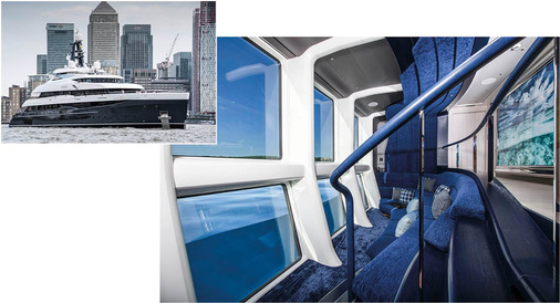 Die Neptun Lounge der Yacht Elandess (kleines Bilde oben) befindet sich teils unterhalb der Wasserlinie und verfügt über eine ­Glasfront, die eine beindruckende Perspektive nach draußen für ihre Gäste bietet.