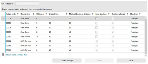 Im Artikelsystem können wiederkehrende Glasprodukte aus dem Portfolio gespeichert werden und stehen damit für Folgeaufträge im Zugriff.