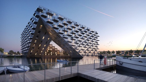 Einige der Wohnungen sind stark geneigt über dem Wasser positioniert. - © Barcode Architects
