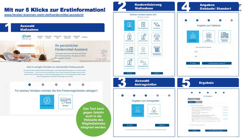 Mit 5 Schritten geht es zur Erstauskunft der bundesweit möglichen Programme zu Förderungen oder Darlehen. Das Tool kann gegen Gebühr auch in die Webseite des Mitgliedbetriebs integriert werden.