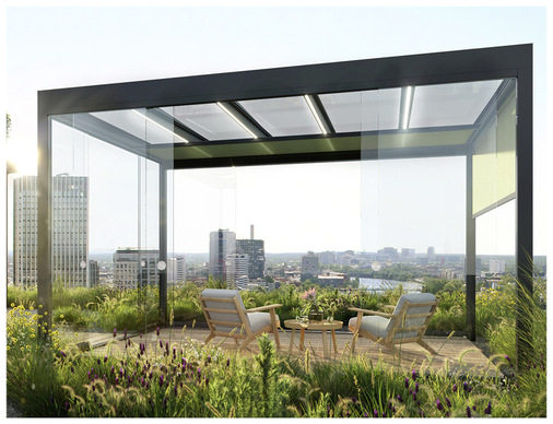 Das Lamaxa L50 View mit Glasdach präsentiert sich dank der Glasneigung innerhalb der Sparren in einem kubischen Design.