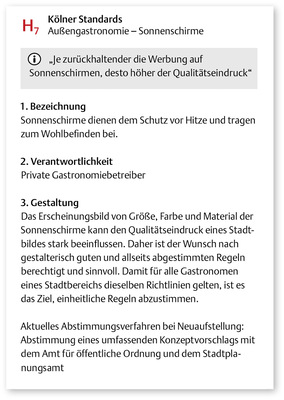 Das Gestaltungshandbuch der Stadt Köln setzt eine Abstimmung (Konzeptvorschlag) mit dem Amt voraus.