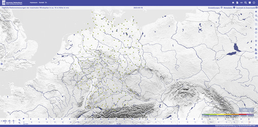 Das Climate Data Center (CDC) vom deutschen Wetterdienst ermöglicht den Abruf kostenfreier Daten in einer ­definierten Region wie z.b. Wind in 10 mtr. Höhe.