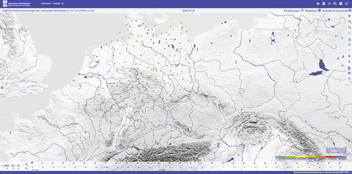Das Climate Data Center (CDC) vom deutschen Wetterdienst ermöglicht den Abruf kostenfreier Daten in einer ­definierten Region wie z.b. Wind in 10 mtr. Höhe. - © Foto: DWD
