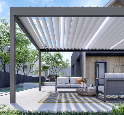 Die Lamellen können um bis zu 150° gedreht werden, und lassen eine individuelle Steuerung des Sonneneinfall oder der Belüftung zu.