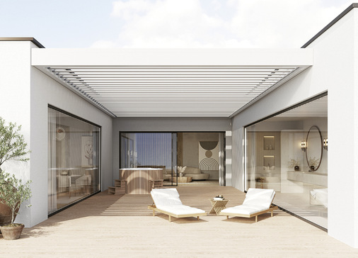 Das Glas- und Lamellendach kann auch hängend an die Fassade montiert werden.