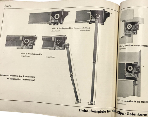 Kastenmarkisen mit dem Kipp-Gelenkarm Modell 149 (Deutsches ­Bundes-Patent 837 361) waren bereits in den Fünfzigern bei Kauf­häusern wie Horten, Hertie und Kaufhof vielfach zu sehen. - © Foto: Olaf Vögele / Kadeco
