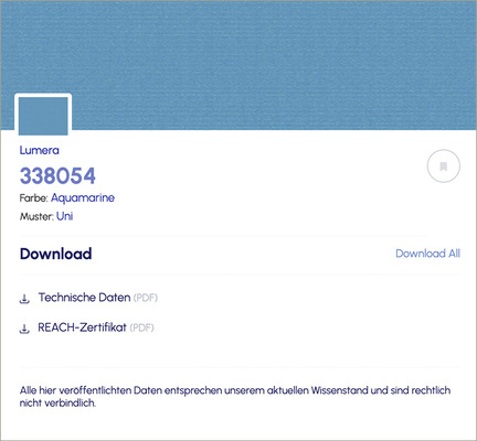 Kunden finden die entsprechenden technischen Informationen wie z.B. der Reach-Verordnung im Umfeld der einzelnen Stoffmuster der Firmen-Homepage - © Foto: Musculus
