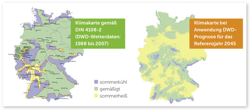 Von 1988 bis 2007 waren in Deutschland noch etliche Regionen als „sommerkühl“ definiert, viele als „­gemäßigt“ und nur wenige als „sommerheiß“. 2045 wird Deutschland überwiegend „sommerheiß“ sein. - © Foto: Repräsentanz Transparente Gebäudehülle /
Quelle: Ingenieurbüro Prof. Dr. Hauser (IBH)
