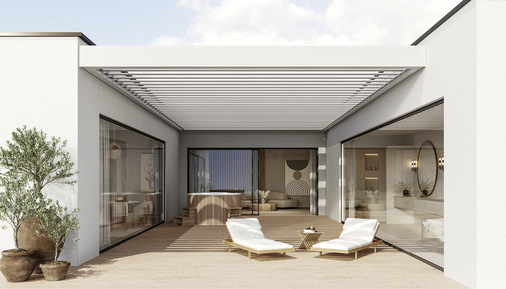 Das Lamellenflachdach kann als Patio freihängend installiert werden.