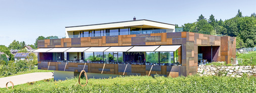  Die windexponierte Lage am westlichen Rand des Fremersbergs, nahe Baden-Baden, verlangte sehr stabile Gelenkarmmarkisen, deren Neigung zur Sonne frei einstellbar sein sollte.