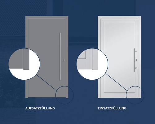 Auf der Außenseite können Türflügel mit Aufsatzfüllungen verdeckt werden, wodurch eine Dichtungskante und somit die treppenförmige Abstufung zwischen Türflügel und Füllung entfällt. Dies gewährleistet eine elegante und flächige Optik. Auf Wunsch ist dies auch beidseitig, also auf der Innen- und Außenseite, möglich.