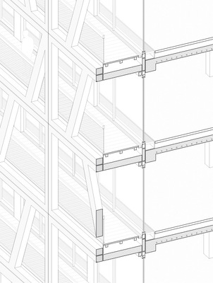 Die Darstellung zeigt den strukturellen Aufbau der Fassadenstruktur mit dem vorgelagerten Sonnenschutz in der Stahlbetonskelettkonstruktion.
