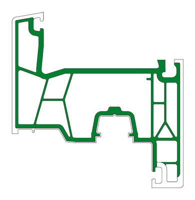 Der Flügelquerschnitt des Kömmerling-Profils in 76 mm. In Grün zu sehen sind die Volumenanteile, die aus Recyclat-PVC extrudiert werden.