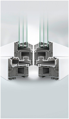 Kunststoff-Serie Schüco LivIng mit ­Profilinnenkern aus buntem Recycling­material. Der Rezyklatanteil variiert im Lieferstandard zwischen 25 und 75 %.