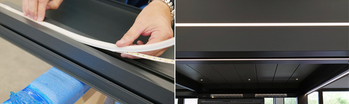 Die flexible Stripe-Beleuchtung lässt sich einfach in die dafür vorgesehenen Aussparungen drücken. Sie ist umlaufend im Rahmenprofil sichtbar.