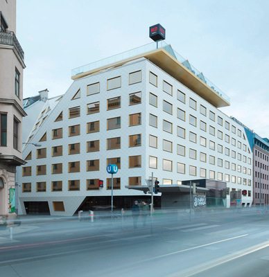 Das Radisson RED Hotel The Rock in Wien besitzt eine äußerst markante ­Formsprache. Die Fassadengläser stammen von arcon und Isolar Klagenfurt.