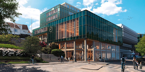 In dieser PV-Fassade kommen PV-Elemente mit ColorQuant-Farben zum Einsatz.