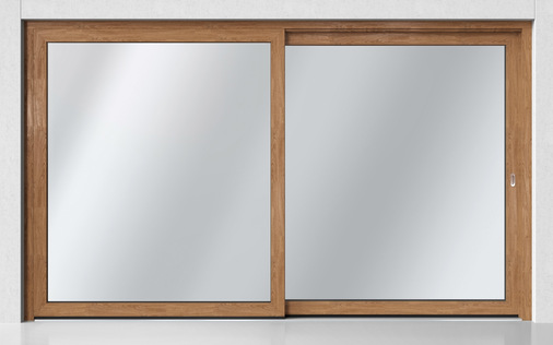 Die Schüco EasySlide – New Generation kann mit zwei bis vier Flügeln ausgeführt werden und überzeugt dank der Schüco UnlimitedFinish Farbauswahl – hier mit Holzmaserung – auch optisch.