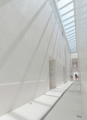 Durch die Velux Lichtbänder entsteht ein Spiel aus Licht und Schatten.